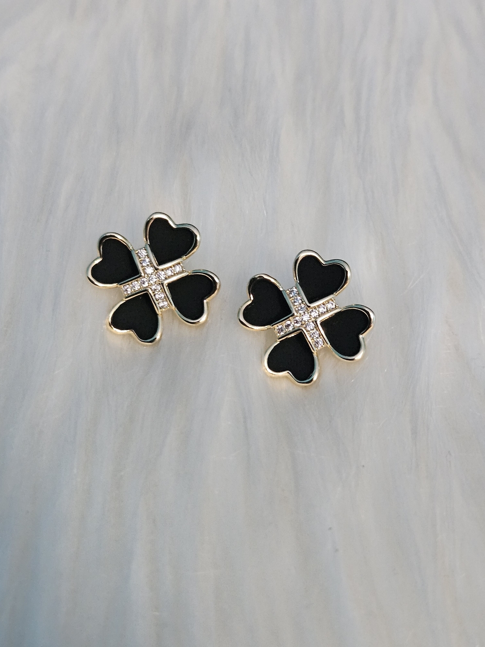 Gold-Tone Black Enamel Clover Stud Earrings with Crystal Accents